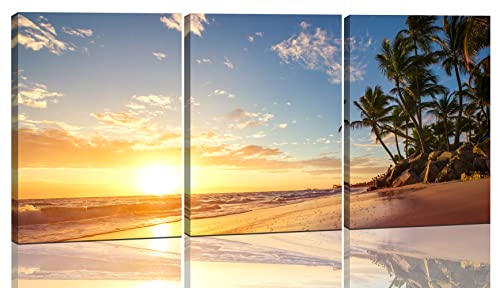 Beach Canvas Wall Art Pictures For Living Room Blue Ocean Palm Trees Painting For Bathroom Decor 3 Panel Gold Sunset Art Print For Bedroom Home Office Decoration, Ready To Hang (12*16*3 Pcs, Ocean Palm Trees Wall Art) #TOP7