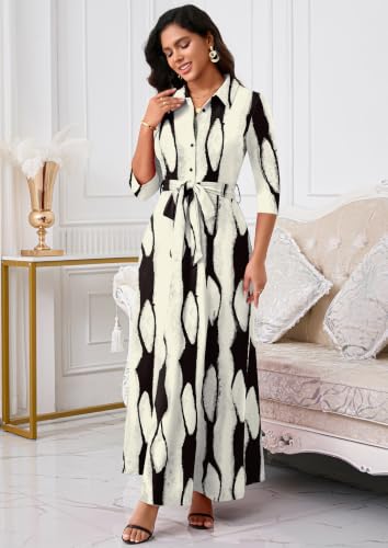 Image of Rumwind Maxi Dresses for Women, 3 /4 Sleeve Shirt Collar Casual Afircan Print Church Dress Button Down with Belt and Pockets