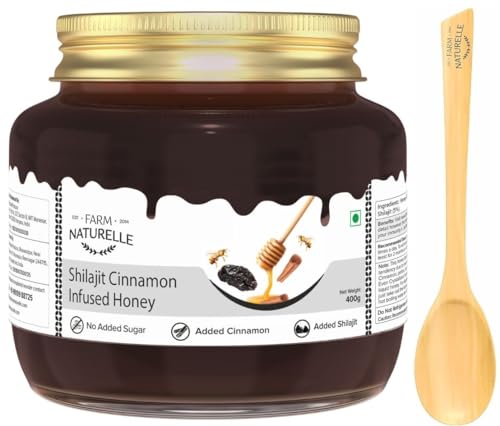 Image of Farm Naturelle - Shilajit infused in Cinnamon honey-powerful, therapeutically beneficial as well as fabulously tasty-for both, men n women-crafted wooden spoon along-400g