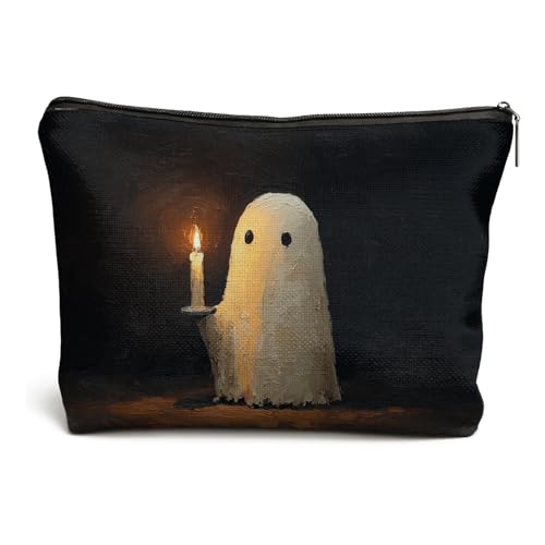 Halloween Spooky Ghost Holding Candle Makeup Bag,Vintage Halloween Ghost Cosmetic Bags Gifts for Women, Horror Spooky Makeup Zipper Pouch for Travel Gift