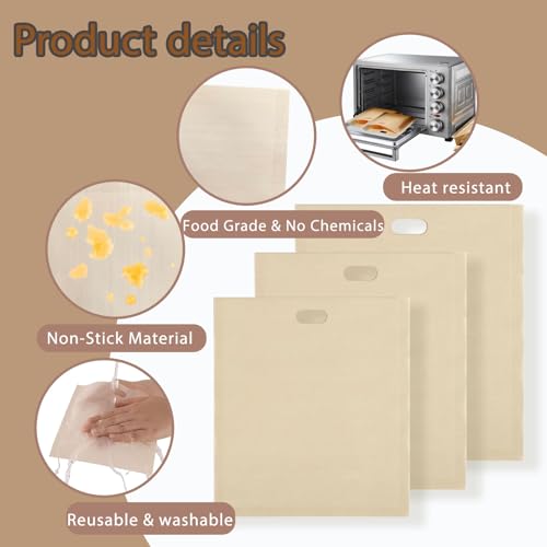 6 Pack 3 Sizes Toaster Bags Reusable Non Stick Grilled Cheese Toaster Bags Washable Heat Resistant Compatible with Toasters Oven & Grill Great for Texas Toast Sandwich Panini Snacks