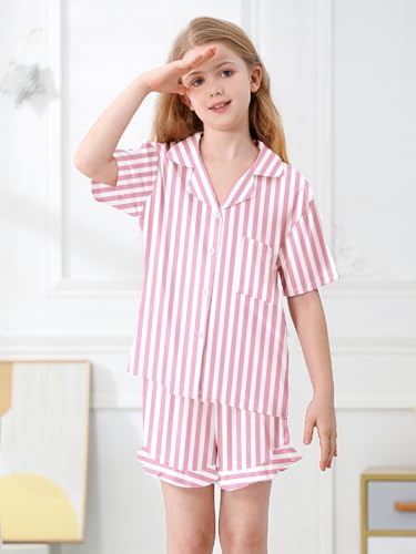 Umeyda Satin Silk Pajamas for Girls 2Pcs Button Down Pjs Set Girls Sleepwear, Pink Stripe, 7-8 Years3