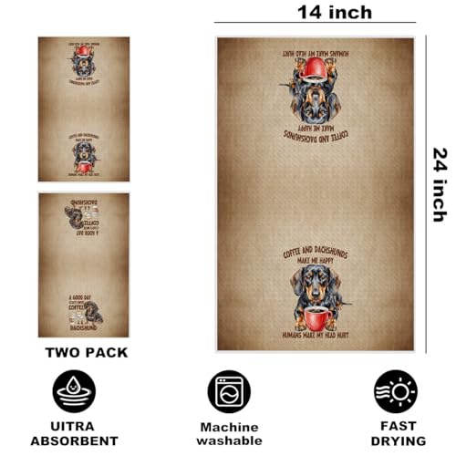 Image of 2 Pcs Funny Dachshund Kitchen Towels 24x14 Inch, Coffee Dachshund Gifts Reusable Dish Towels for Kitchen Decor, Waffle Weave Absorbent Tea Towel, Cute Weiner Dog Gifts for Women Mom Friend