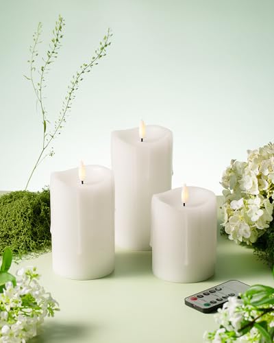 Image of White Flameless Candles with Remote and Timer, Real Wax Made Wax Drip LED Pillar Candles Battery Operated with 3D Flickering Flame Melted Top - 3 inch x 4 inch,5 inch,6 inch - Set of 3