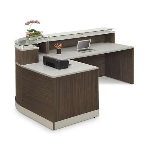 Nbf Signature Series Esquire L-Shaped Reception Desk - Glass Top, Driftwood & Silver Laminate Desk 79”Wx63”D #TOP1