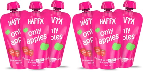 Image of Happa Organic Baby Food Apple Puree | 100% Fruits | No Added Sugar, No Milk Powder, No Preservatives | Stage 1 (6 Months+) | Ready to Eat | Free from Common Allergens | Pack of 6 (100g Each)
