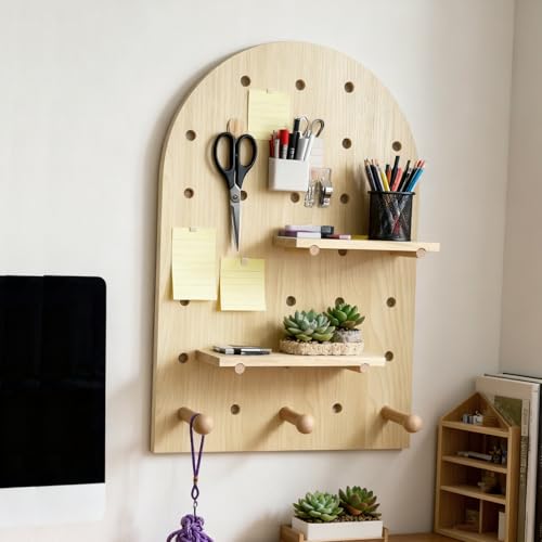 Arched Wood Pegboard Shelf - 16 x 24 Inch Boho Wall Shelf with Wooden Pegs & Dividers, Natural Wall Decor for Home Office Nursery Decor, Floating Shelf & Storage Organizer (Log Color)