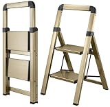 BIBKOKE Scaletta pieghevole a 2 gradini, in alluminio, finitura oro champagne, pieghevole, antiscivolo, portatile, robusto, per casa e cucina, ufficio, 150 kg