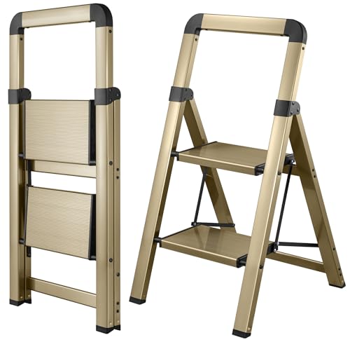 BIBKOKE Step Ladder 2-Step Champagne Finish Aluminum Folding Ladders