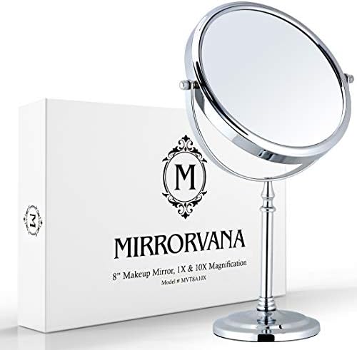 MIRRORVANA Large 10X Magnifying Makeup Mirror on Stand for Bedroom and Bathroom, Classic Free Standing Round Table Mirror with Double Sided 10X/1X Magnification, 38cm Tall and 20cm Wide