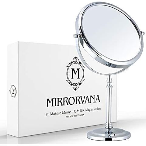 MIRRORVANA Large Double Sided 10X and 1X Magnifying Makeup Mirror with Stand in Gift Box, 15” Tall and 8” Wide Cover