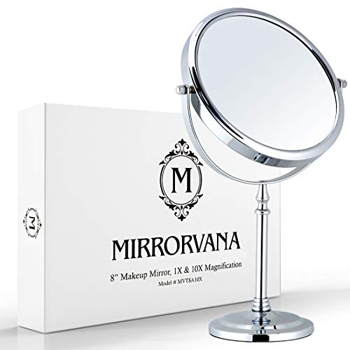MIRRORVANA Large Double Sided 10X and 1X Magnifying Makeup Mirror with Stand in Gift Box, 15” Tall and 8” Wide by MIRRORVANA - Used condition - US$24.85