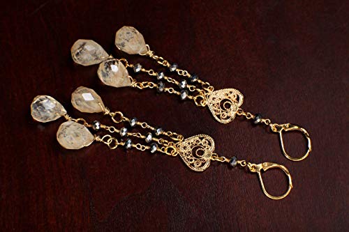 Gold Rutilated Quartz, Pyrite Filigree Chandelier Heart, Dangling Faceted Briolette Teardrop Gold Leverback Earrings, Handmade Gift For Her #TOP7