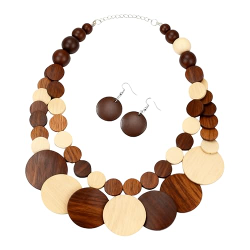 GIKILEE Chunky Wood Beaded Necklace Earrings Set African Tribal Collar Choker Necklace Geometric Ethnic Statement Jewelry-brown