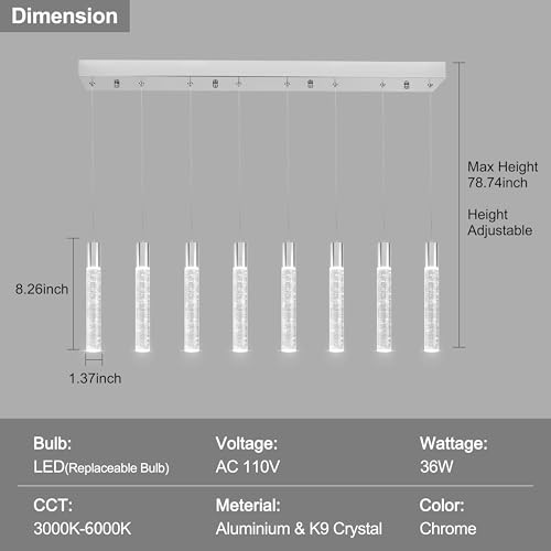 Image of 8 Light Pendant Lights Kitchen Island,Modern Chrome Crystal Pendants