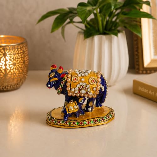 Image of eCraftIndia Handcrafted Cow and Calf Showpiece for Home Decor | Traditional Kamdhenu Cow Figurine with Stone & Pearl Work | Decorative Tabletop Statue for Living Room, Office & Gift