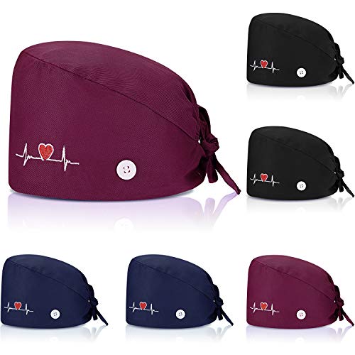 SATINIOR 6 Pieces Unisex Working Cap with Button Sweatband Upgrade Adjustable Tie Back Hat for Women Men (Black, Navy Blue, Wine Red)
