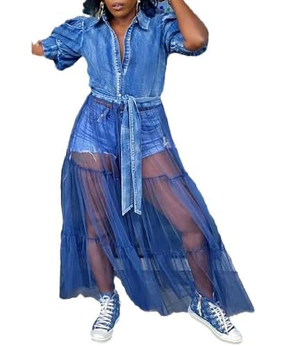 Sexyshine Women's Puff Short Sleeve Button Down Denim Blouse Shirts Sheer Mesh Tulle Patchwork Pleated A-Line Denim Dress2