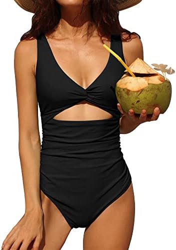 Charmo Womens One Piece Swimsuit Ruched Tummy Control High Cut Backless V Neck Bathing Suits Swimwear Black Large