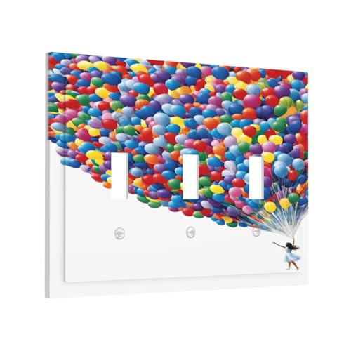 Decorative Switch Covers Plate Girl Holding Colorful Balloons 3 Gang Wall Plate Oversized Triple Toggle Light Switch Plate Jumbo Faceplate for Country Bedroom Home Decor