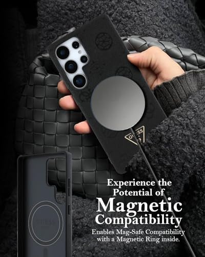 Image of CG MOBILE Guess [Official Licensed] Hot Stamp Peony Pattern| Magnetic System Grained PU Case with Triangle Logo Protective Case Designed for Galaxy S25 Ultra - Black