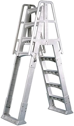 Vinyl Works SLA A-Frame 48-56 Inch Adjustable Above Ground Swimming Pool Ladder Entry System with Slide Lock Barrier and Handrails, White