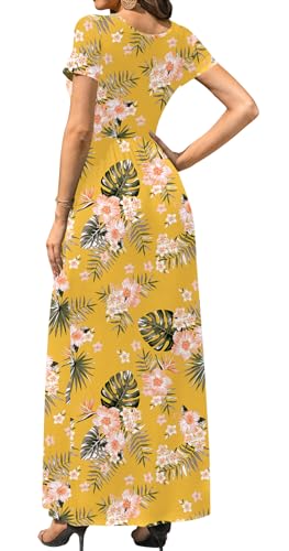 Image of DB MOON Womens 2024 Casual Summer Maxi Dresses Short Sleeve Empire Waist Spring Long Dress with Pockets(Yellow Floral, L), Large
