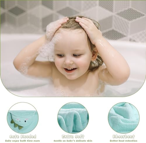 WODHOY Hooded Towels for Toddlers, 2 Pack Thick Toddler Hooded Bath Towels, Soft Absorbent Bath Towels Age 1-5, 50 x 32 Inches Animal Towels for Toddler, Yellow Chick &Green Dinosaurs — view 6