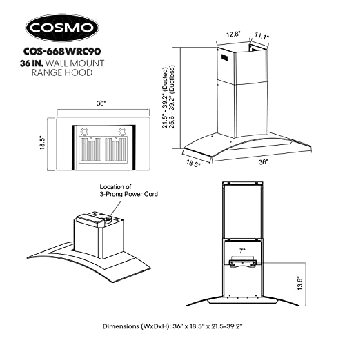 Cosmo Cos-668Wrc90 Wall Mount Range Hood With Ducted Exhaust Vent, 3 Speed Fan, Push Button Controls, Led Lighting, Permanent Filters In Stainless Steel, 36 Inches #TOP4