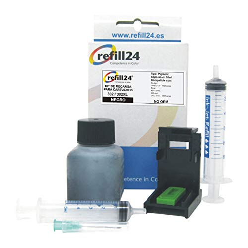 refill24 Kit di ricarica compatibile per cartucce di inchiostro HP 302, 302 XL nero, con clip e accessori + 50 ml inchiostro