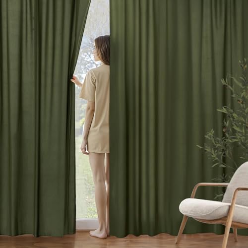 Image of MIULEE Olive Green Semi Sheer Privacy Curtains Drapes 2 Panels 52W x 84L | Semi sheer privacy, non-see-through, light filtering, fits kitchen, bathroom, bedroom