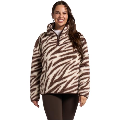 OHS Teddy Fleece Jacket Women, Half Zip Fleece Women Zebra Print Womens Sweatshirt Pullover Ultra Soft Cosy Casual Long Sleeve Ladies Sweater Top for Travel Hiking, Brown - S/M