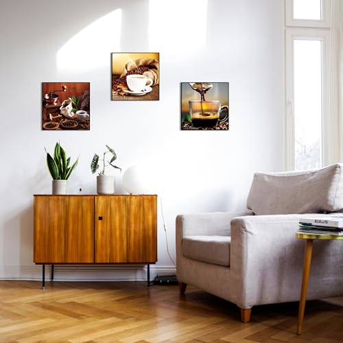 BERLIG Glasbilder Set 3er 30x30 cm Sicherheitsglas – Moderne Wandbilder für Wohnzimmer, Küche & Bad – Sonnenuntergang, Strand, Kaffee & Spa – inkl. Geschenkbox