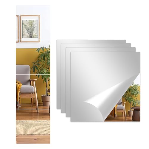 Alened Mirror Tiles Self Adhesive 20x20cm/4pcs Acrylic Stick on Mirror Stickers for Walls Bathroom Wardrobe Doors Bedroom, DIY Home Decor (2mm Thick)