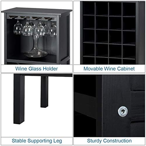 TANGZON 20-Bottle Wine Cabinet, Wooden Bar Cabinet with Glass Holders & Open Shelf, Freestanding Drinks Wine Storage Display Organiser for Home, Kitchen, Cellar and Pantry (Black)