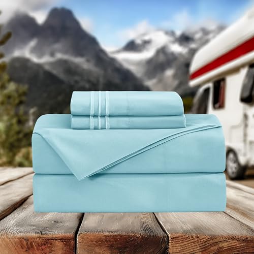 Image of Elegant Comfort Luxurious 1500 Premium Hotel Quality Microfiber Three Line Embroidered Softest 4-Piece Bed Sheet Set, Wrinkle and Fade Resistant, RV Short Queen, Aqua