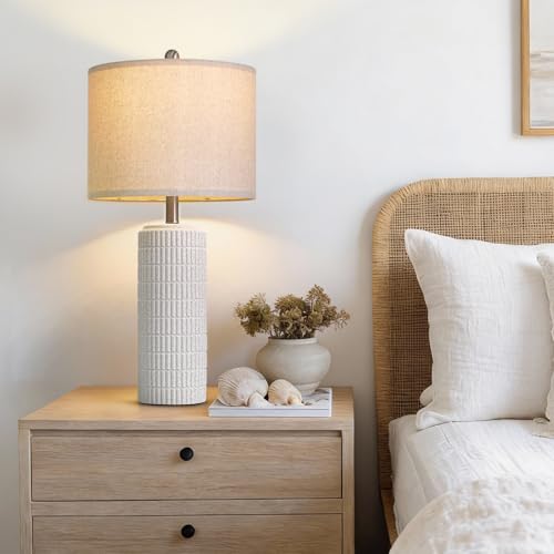 Image of PoKat 27.5'' Tall Table Lamps for Living Room Set of 2, Stone-Like Ceramic Bedroom Lamps for Night Stands, Farmhouse Bedside Lamps for Bedroom Living Room, Nightstand Lamps for End Table, Hallway