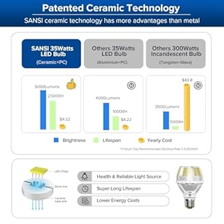 SANSI 300W Equivalent 5000 Lumens LED Light Bulb, 5000K Daylight Super Bright Light Bulbs, E26 A19 Brightest LED Bulbs Non-Dimmable, 22-Year Lifetime, 35W Energy Saving for Home Workshop, 2-Pack