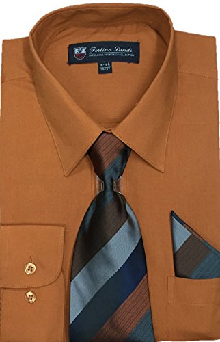 Fortino Landi Men's Long Sleeve Dress Shirt, with Tie and Hanky - Many Colors (17 36/37, Rust)