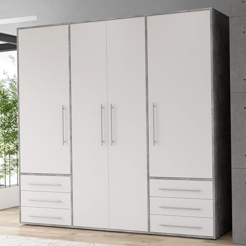 Forte Jupiter Kleiderschrank 205, Großer Schrank mit 4 Türen und 6 Schubladen, Holzwerkstoff, Weiß/Betonoptik Lichtgrau, 205,9 cm breit, 200 cm...