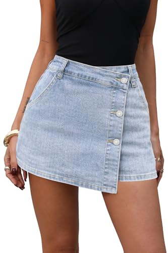 ELLEVEN Asymmetrical Skorts for Women Stretch Denim Mini Skirt Button