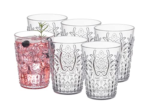 KLIFA- BLOIS- 15.2 ounce, Set of 6, Acrylic Tumbler Drinking Glasses, BPA-Free, Stackable Plastic Drinkware, Dishwasher Safe, Vintage Looking Cups, Clear