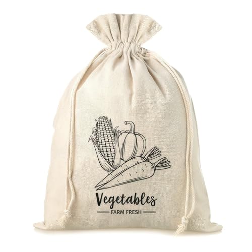 SAKETOS Gemüsebeutel 30x40 cm mit Aufdruck – Wiederverwendbare Einkaufstasche in Leinenoptik – Zero Waste Stoffbeutel mit Kordelzug – Atmungsaktiver Beutel zur Aufbewahrung von Gemüse & Obst