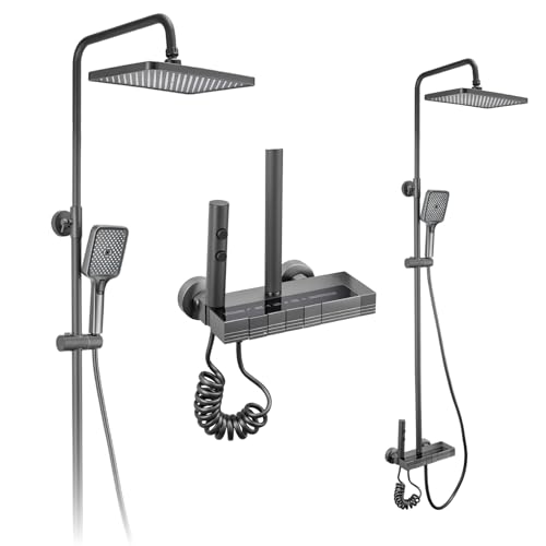 GREENSAPPIRE Columna de Ducha Termostática con LED Negro Mate – Cabezal Efecto Lluvia 20x30 cm, Alcachofa 3 Modos, Pistola Spray 2 Funciones, Altura Regulable y Giro 360°