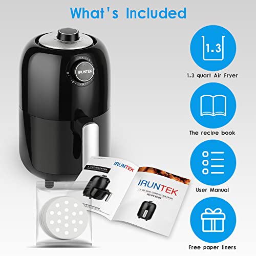 Iruntek Small Mini Air Fryer, 1.3Qt Compact Air Fryer With Recipe Book And 50Pcs Parchment Paper Liners, User Friendly, Dual Knob Control, Non-Stick, Black #TOP5