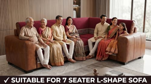 Image of KINGLY L-Shape Sofa Cover 7 Seater 4+3 Velvet Full Cover - Maroon | Fully covered quilted velvet slipcover, washable anti-slip furniture protector, L-type corner sofa cover for living room