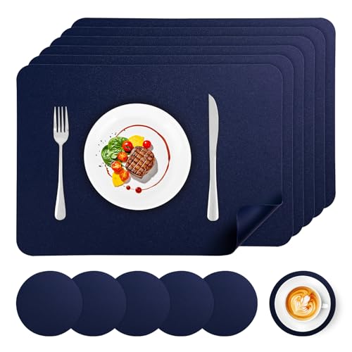APLKER Faux Leather Placemats and Coasters Set of 6, Wipeable Waterproof Oil-Proof Heat Resistant Table Mats for Dining, Kitchen, Hotel, 16.9 x11.8 inches（Large Place Mats) - Navy Blue