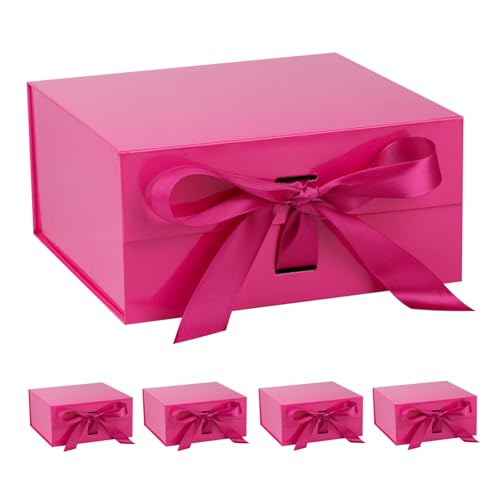 OEMVALATY Bright Pink Gift Box,14x12x5 Inches Gift Boxes with Lids for Presents with Magnetic Closure and Ribbon for Wedding,Storage,Birthday(5-Pack)