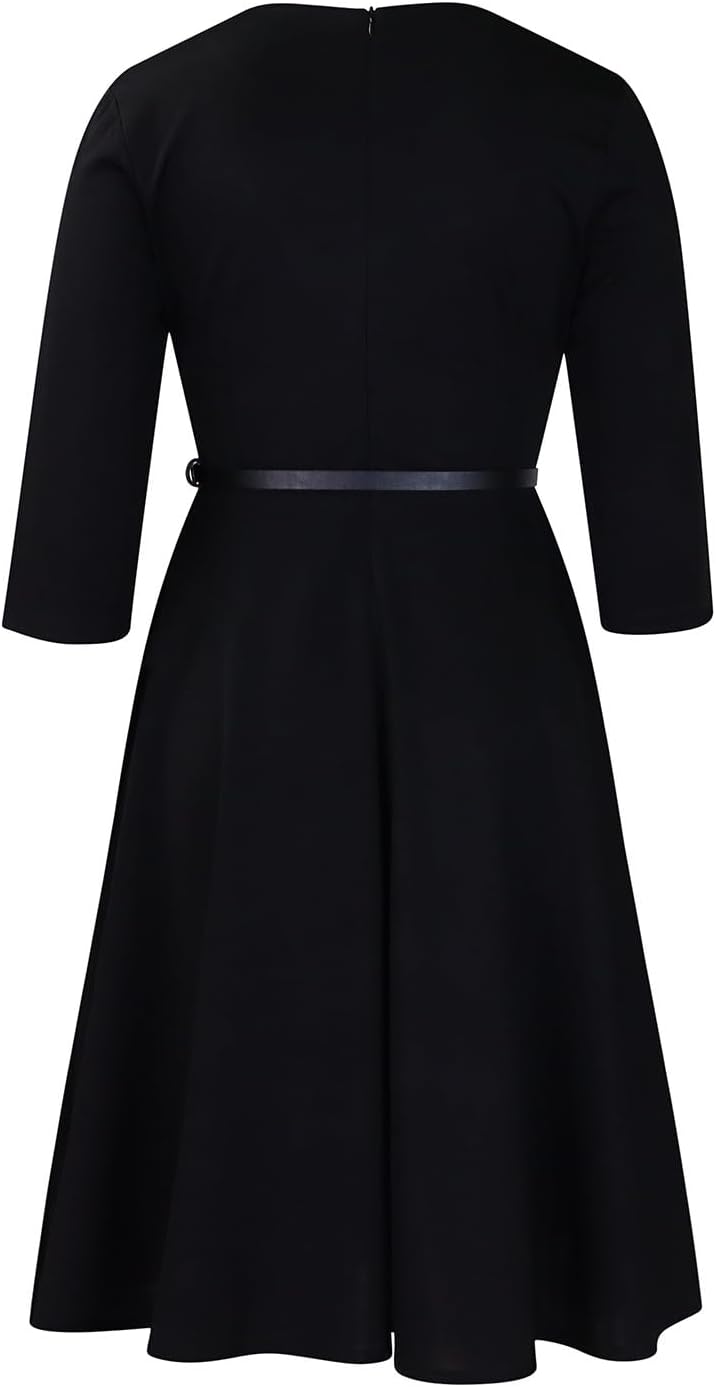 Elainone Women 3/4 Sleeve Casual Swing Flared A Line Dress Wedding Guest Semi Formal Office Work Dresses with Belt - Image 6