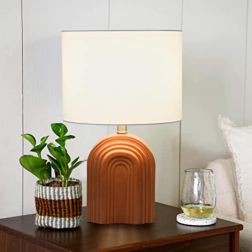 Main + Mesa Carved Arch Stoneware Table Lamp with Linen Drum Shade, Terracotta by Creative Co-Op - Image 3